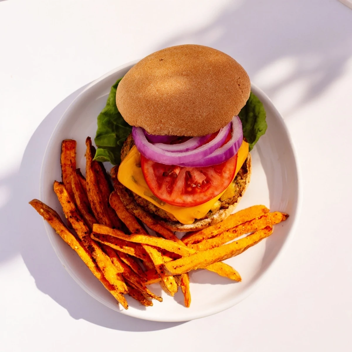 Juicy turkey burger with sweet potato fries, garnished with fresh lettuce, tomato, and red onion slices on a toasted bun.