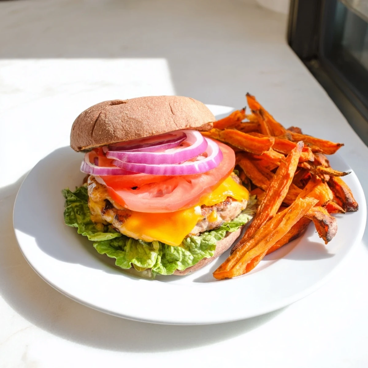 A platter of turkey burger with sweet potato fries, featuring golden, crispy fries and a perfectly cooked patty with melted cheese.
