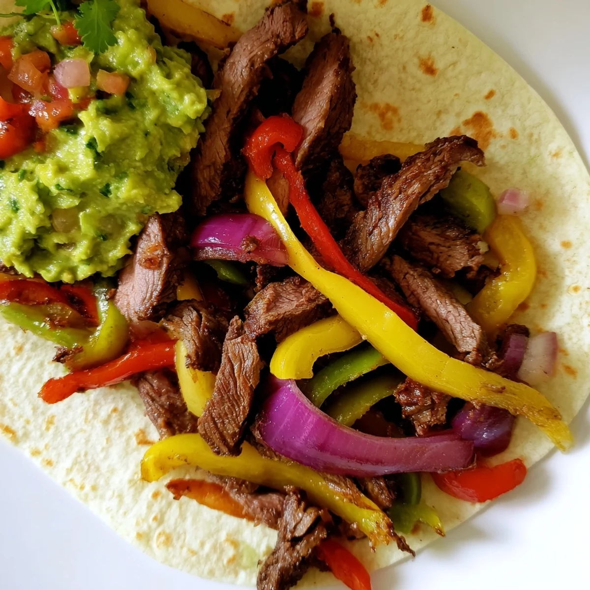 Golden beef fajitas with guacamole sizzling in a skillet, topped with fresh cilantro and lime wedges.
