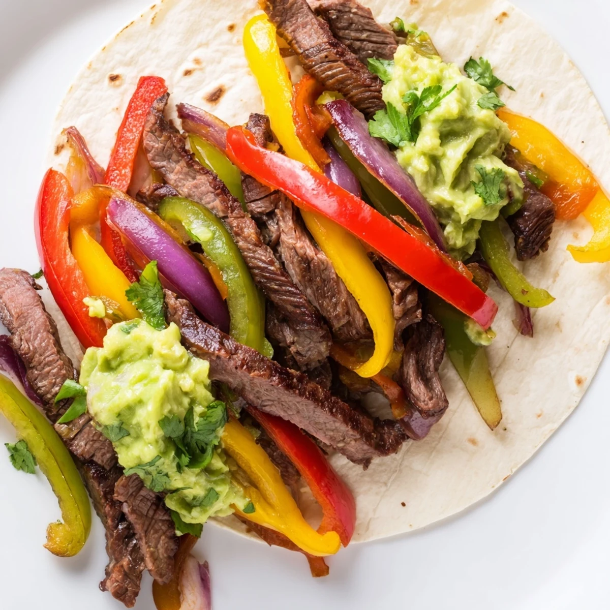 Sliced marinated beef and colorful peppers piled onto warm flour tortillas with creamy guacamole.