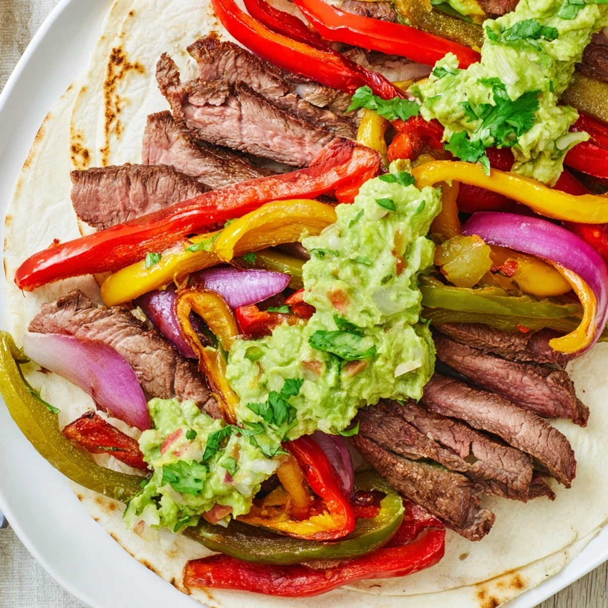 Tex-Mex beef fajitas with guacamole served family-style, complete with lime and fresh cilantro garnish.