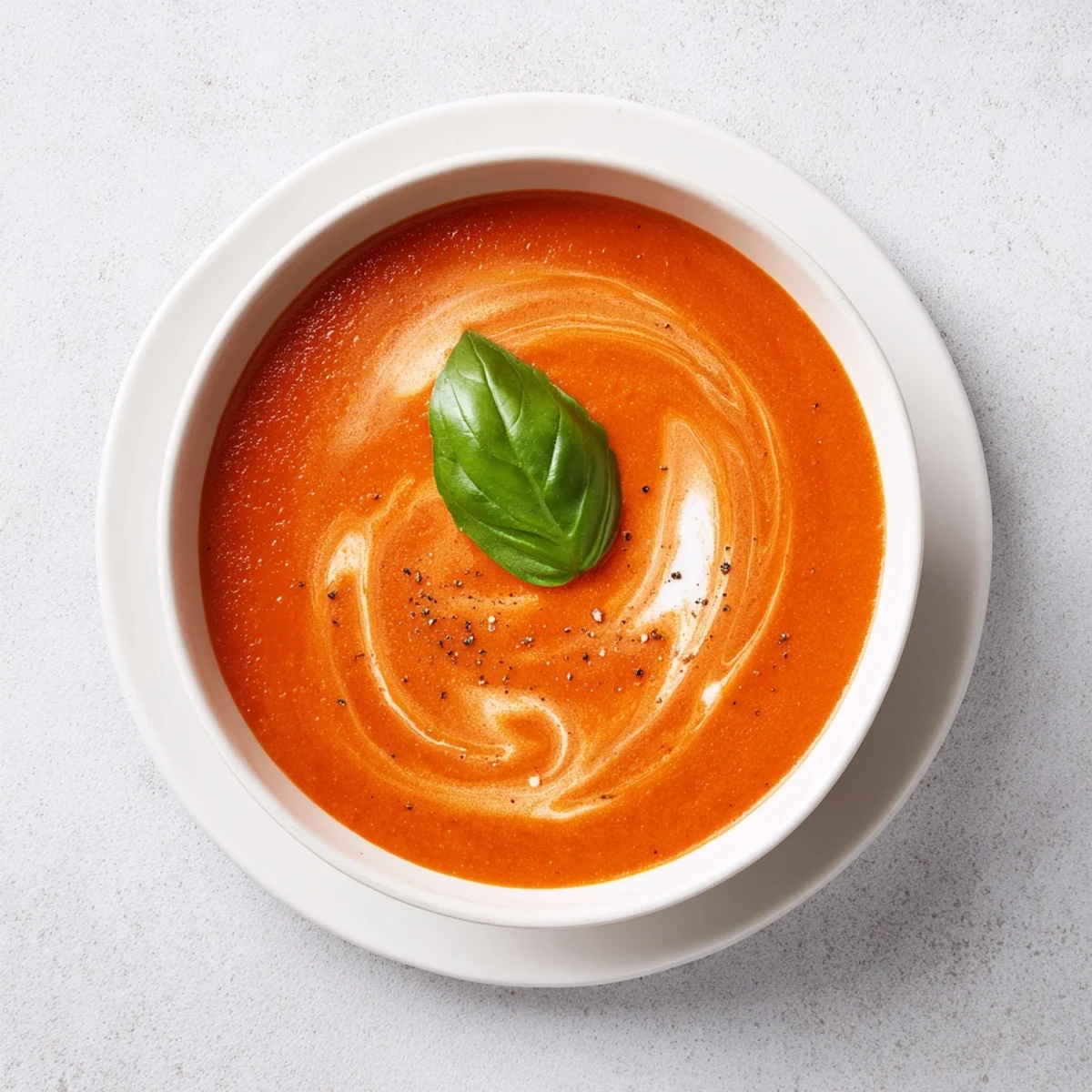 Creamy Tomato Soup with Basil simmering in a pot, garnished with fresh basil leaves, perfect for dipping crusty bread.  