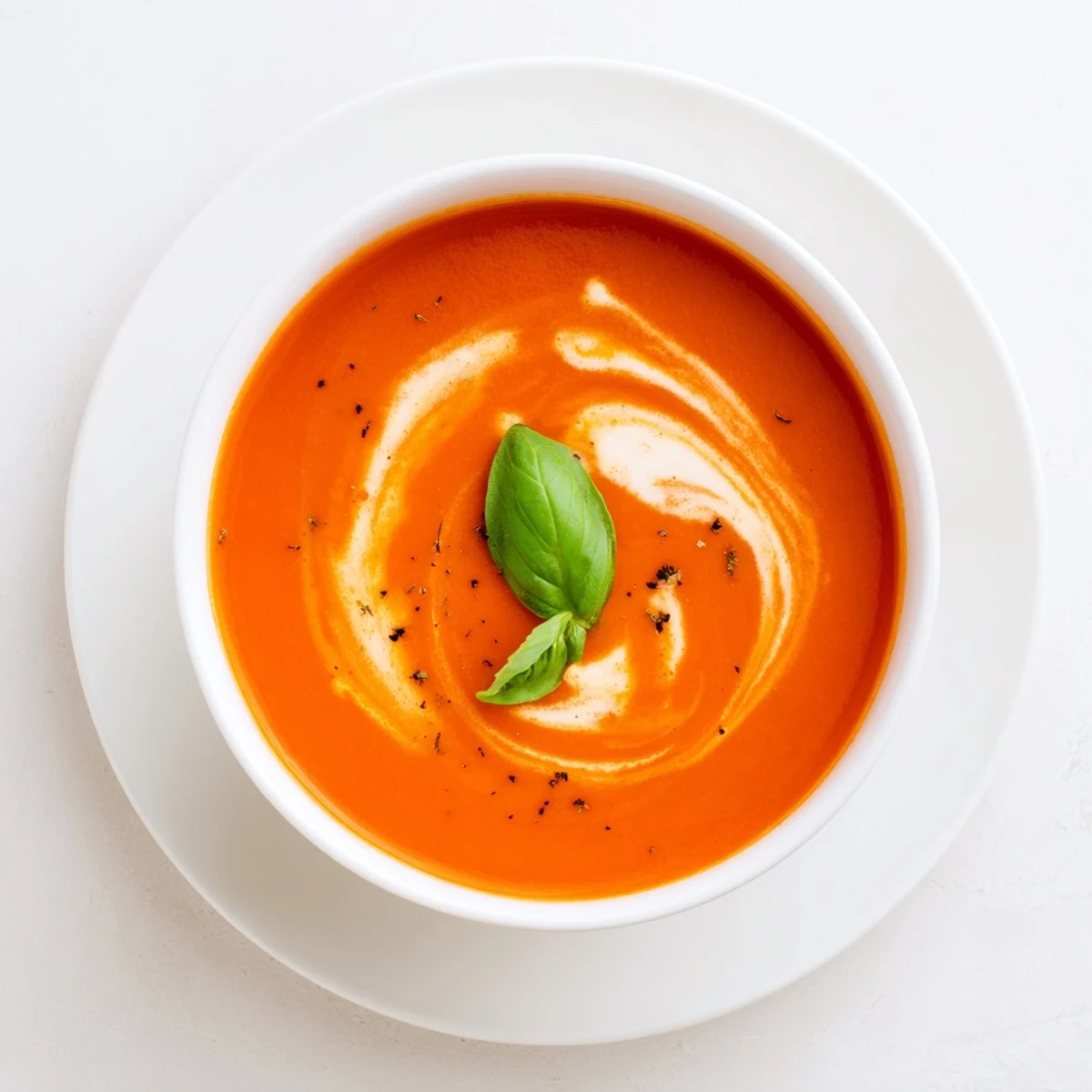 Velvety Creamy Tomato Soup with Basil served in a white bowl, topped with a swirl of cream and basil.