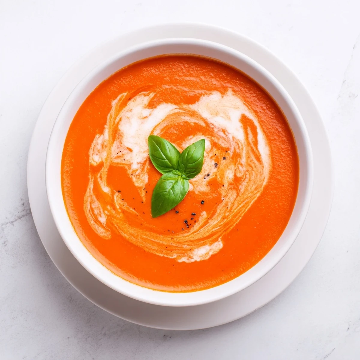 A warm bowl of Creamy Tomato Soup with Basil beside a grilled cheese sandwich on a rustic wooden table.  