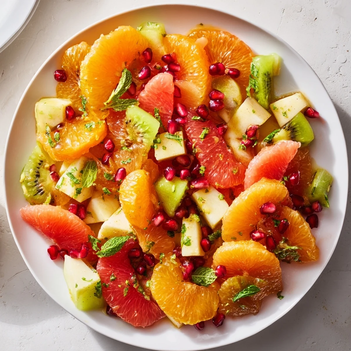 Topped with fresh mint leaves, this Winter Fruit Salad with Mint features crisp apple and pear slices on a rustic wooden serving table.
