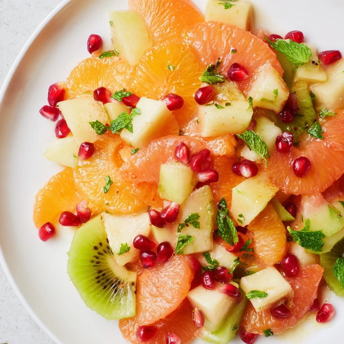 A close-up of Winter Fruit Salad with Mint in a glass bowl, showcasing vibrant orange segments and glistening pomegranate seeds in a citrus dressing.