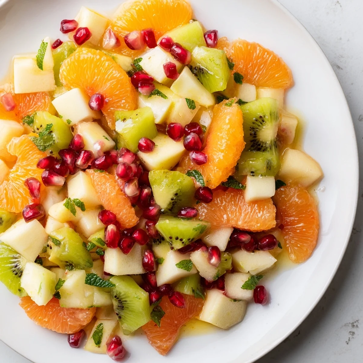 A serving of Winter Fruit Salad with Mint in a white ceramic bowl, garnished with kiwi slices and a drizzle of honey-maple dressing.