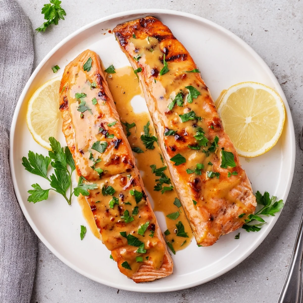 Savory baked salmon with honey mustard glaze glistening in the oven light, ready to serve with roasted asparagus and fluffy quinoa.