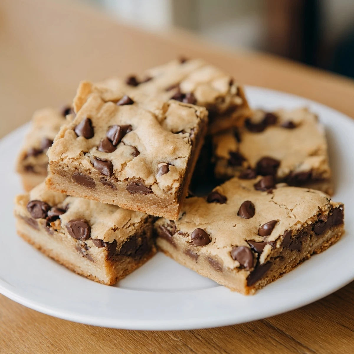 A close-up of golden-brown chocolate chip cookie bars, loaded with melted chocolate chips and a slightly chewy texture on a cooling rack.  