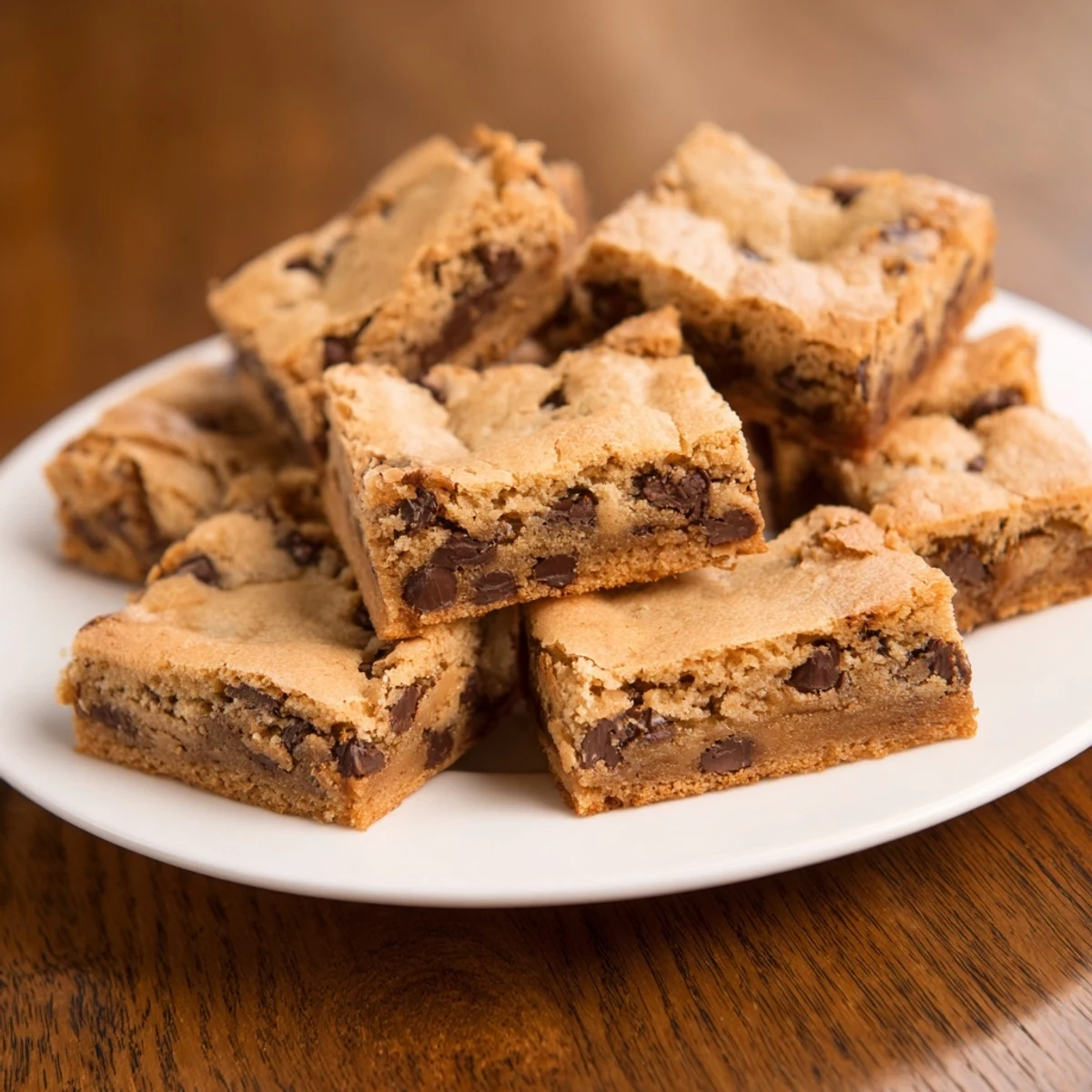 Warm chocolate chip cookie bars served on a white plate with a glass of milk, perfect for an afternoon snack or dessert.  