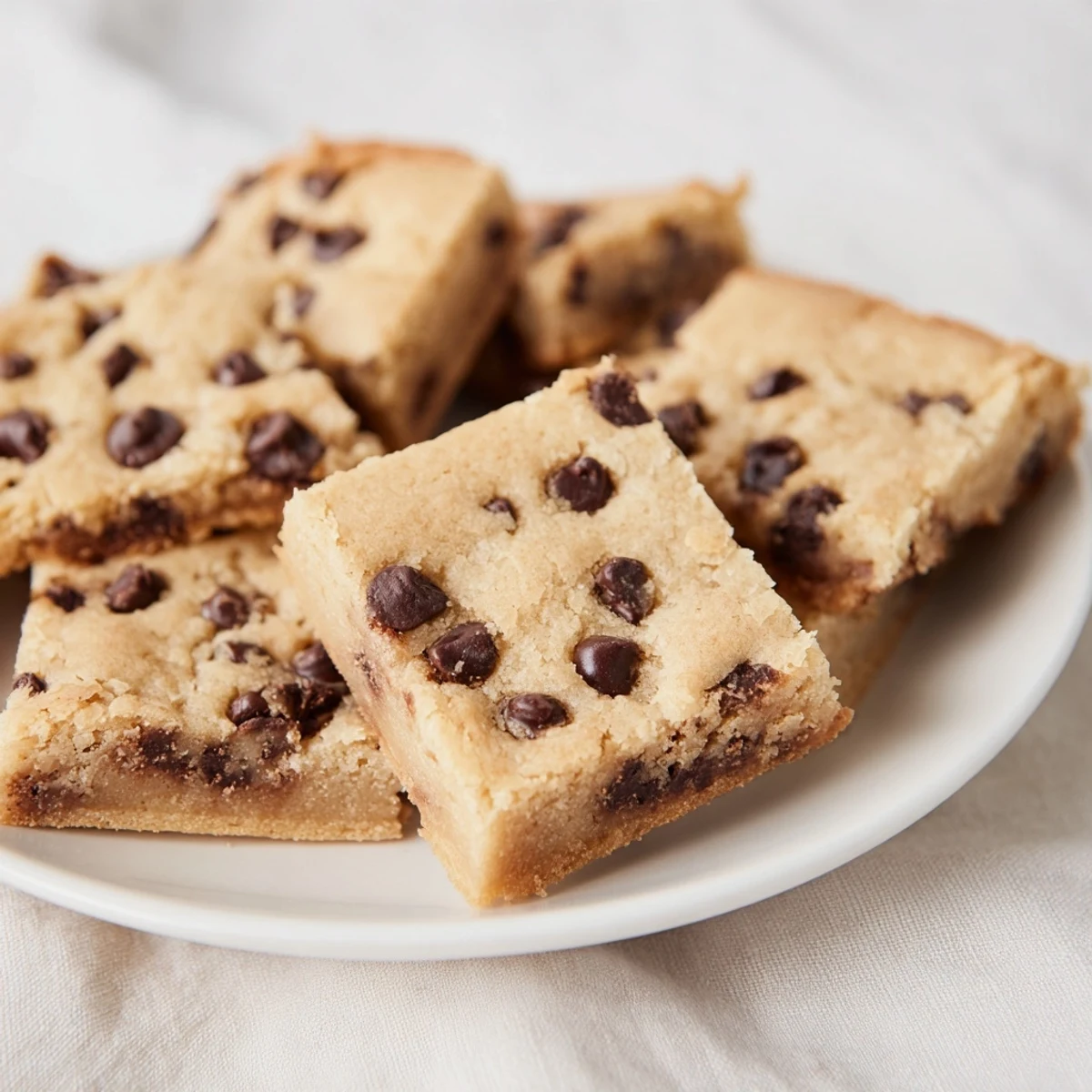 A hand lifts a freshly cut square of soft, chewy chocolate chip cookie bars, showcasing the gooey chocolate interior.