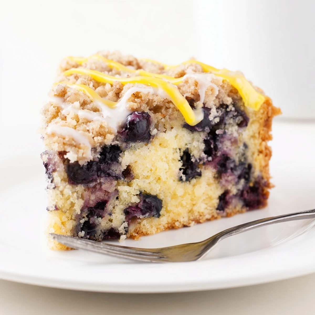 A slice of lemon blueberry coffee cake reveals golden crumb topping and bursting berries on a rustic plate.  