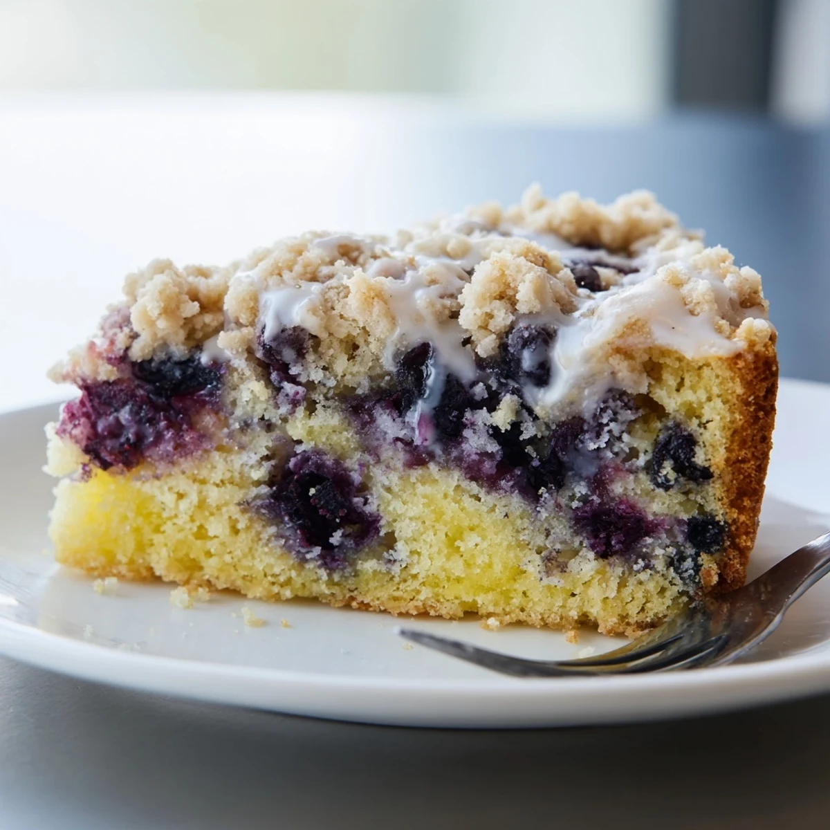 Moist lemon blueberry coffee cake topped with juicy blueberries and lemon zest, served warm for breakfast.