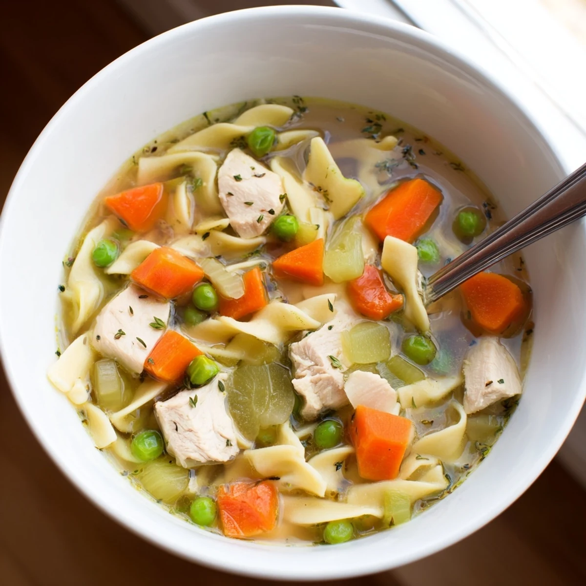 A steaming bowl of Chicken Noodle Soup with Veggies, featuring tender chicken, egg noodles, and vibrant carrots, celery, and peas in a golden broth.