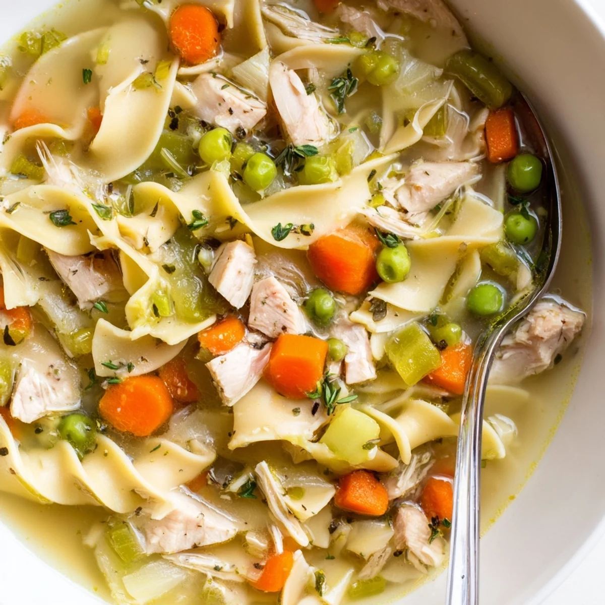 Freshly cooked Chicken Noodle Soup with Veggies is ladled from a pot, with chunks of chicken and green beans floating in the savory broth.