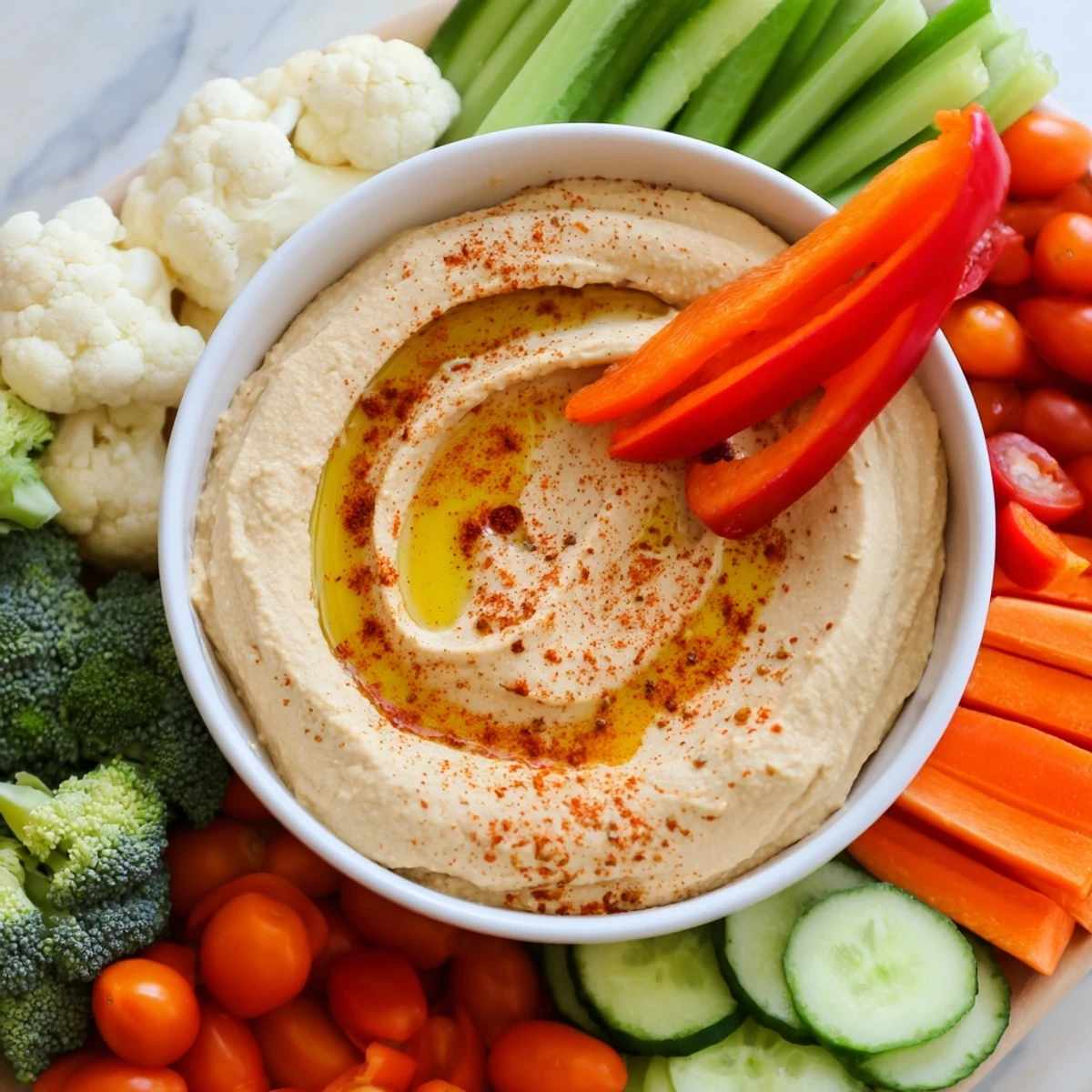 A vibrant Touchdown Veggie Platter with creamy hummus, featuring crisp vegetables like carrots, cucumber, and bell peppers, arranged for easy game-day snacking.