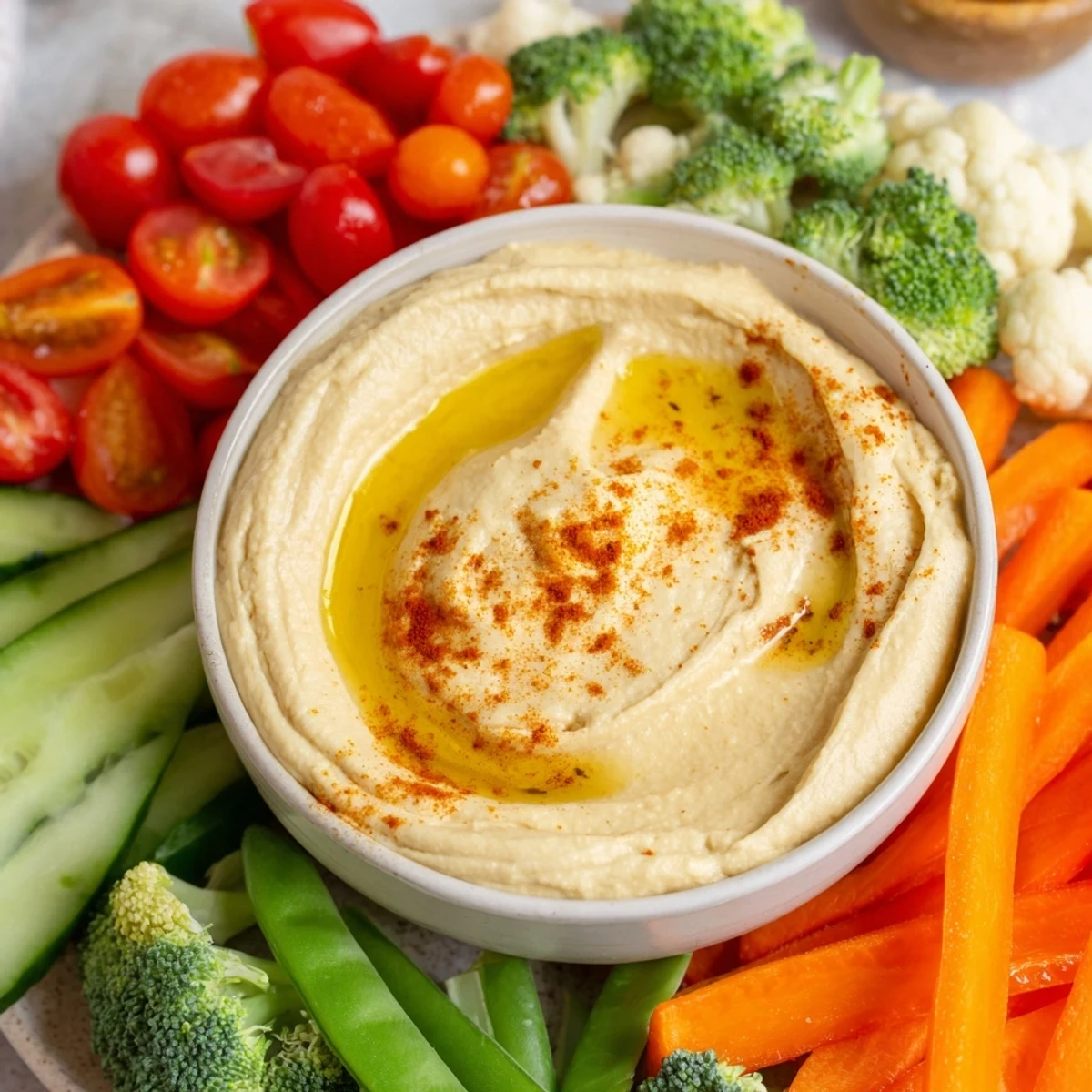 Touchdown Veggie Platter with Hummus displayed on a rustic table, highlighting colorful broccoli, snap peas, and a garnished bowl of smooth homemade dip.