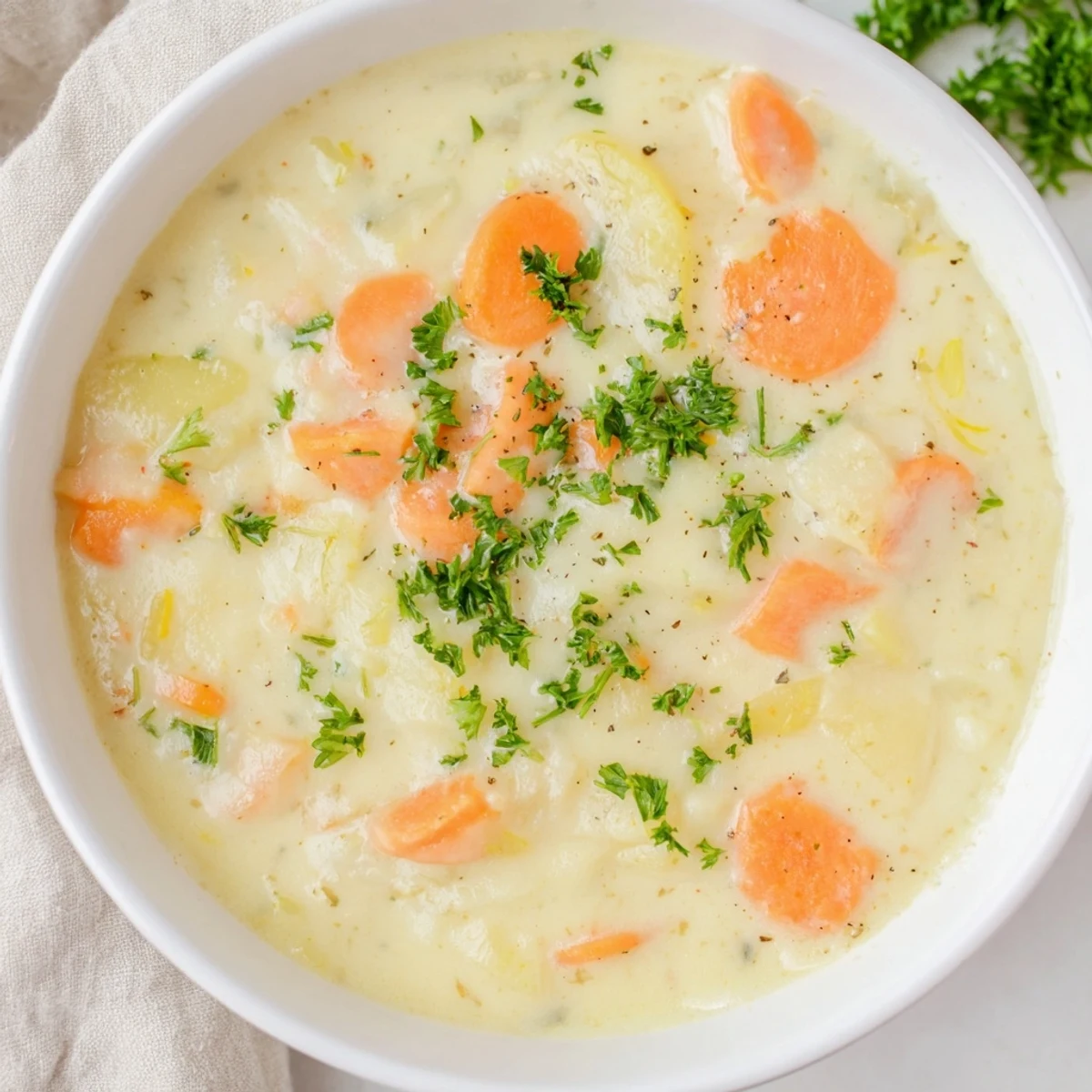 A steaming bowl of creamy Irish Root Soup with Carrots and Parsnips, garnished with fresh parsley and served alongside a slice of crusty bread.