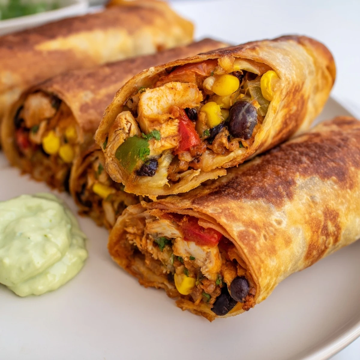 Crispy golden egg rolls filled with chicken, beans, corn, and cheese, served with creamy avocado ranch dip for Super Bowl snacking.
