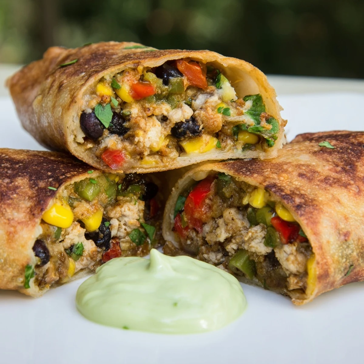 Freshly fried Super Bowl Southwest Egg Rolls with a zesty filling, displayed beside a smooth green avocado ranch dip.