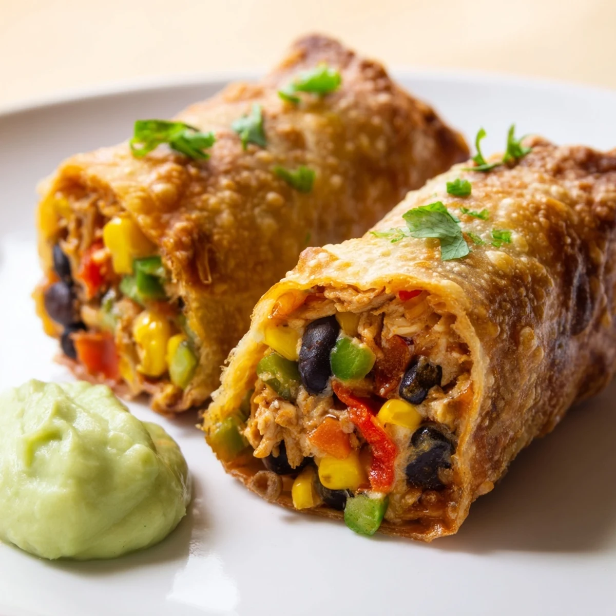 Golden-brown Southwest egg rolls for game day, paired with a creamy avocado dip and a sprinkle of fresh cilantro.