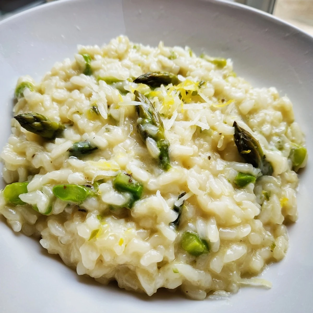 Date Night Risotto with Asparagus features al dente grains and bright green spears, garnished with lemon zest on a rustic wooden table.