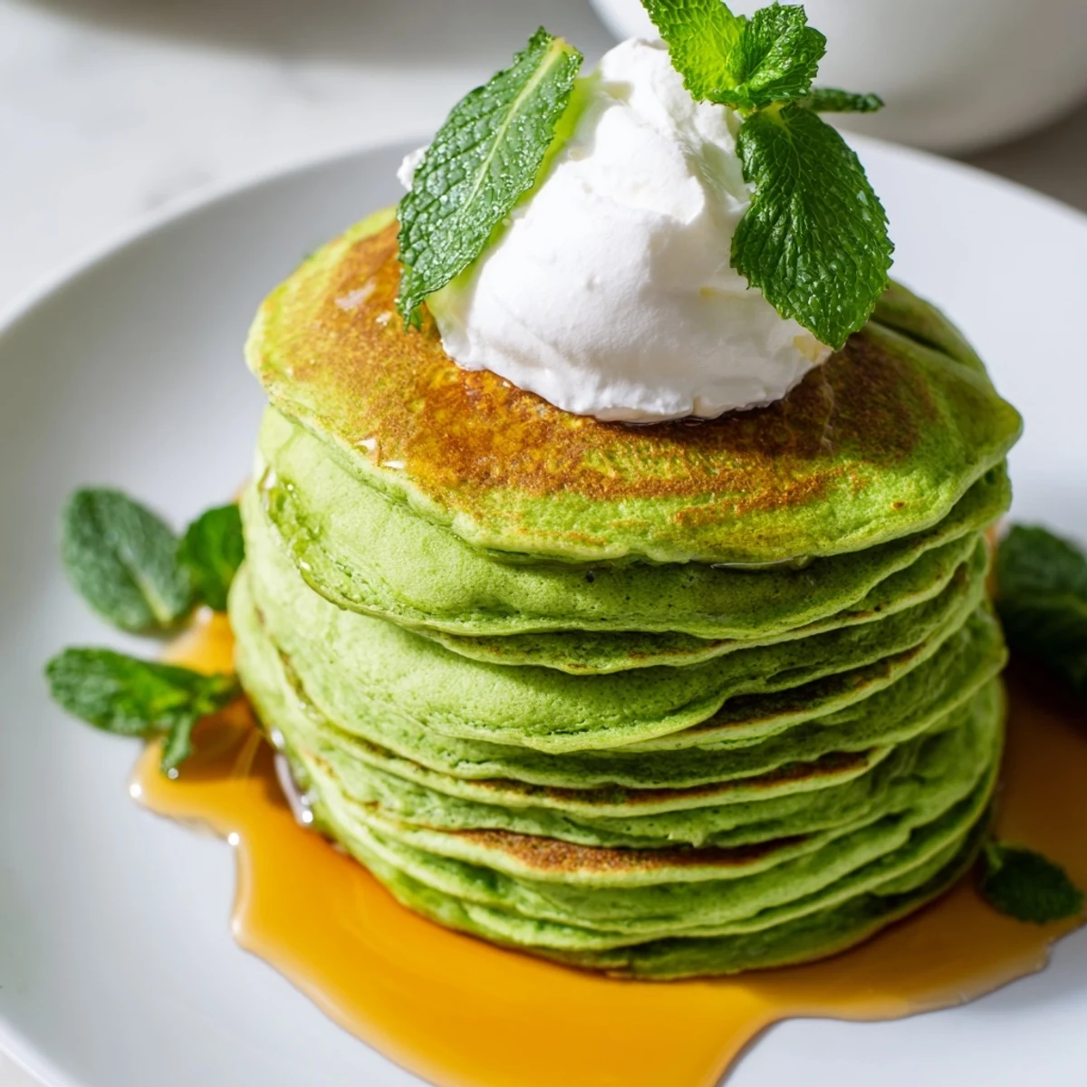 Fluffy Shamrock Green Pancakes with Syrup stack high, drizzled with maple and topped with fresh mint for a festive St. Patrick's Day breakfast.