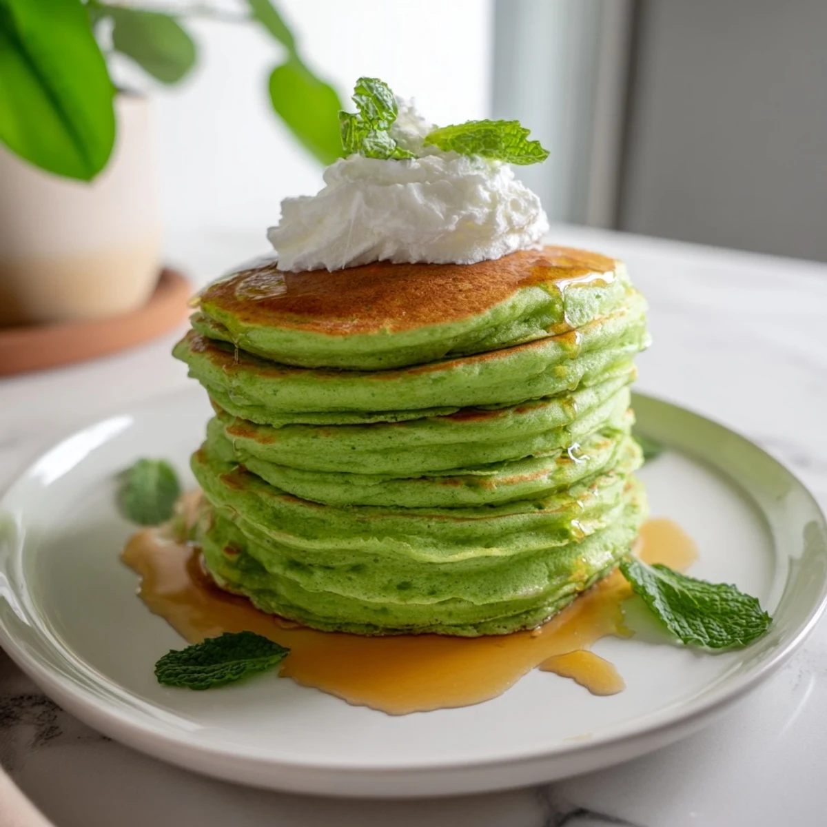 Golden-edged Shamrock Green Pancakes with Syrup sizzle on a griddle, ready to serve warm with a generous pour of sweet maple syrup.