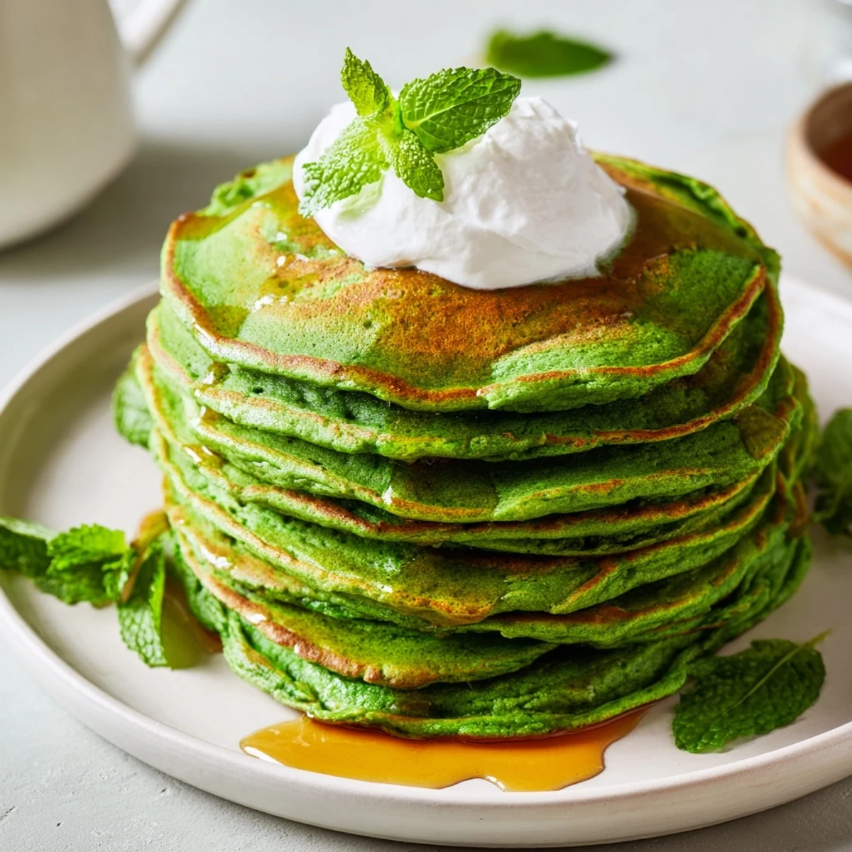 Bright green Shamrock Green Pancakes with Syrup sit on a plate with whipped cream, offering a soft, fluffy texture and inviting minty aroma.