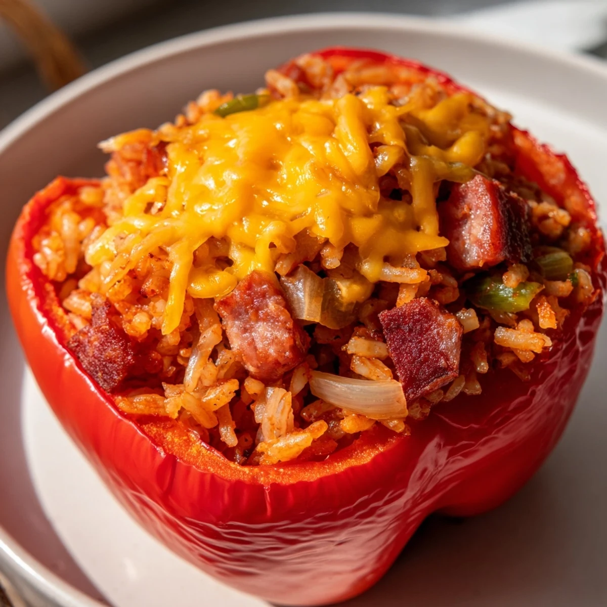 Hearty Creole stuffed peppers with rice, sausage, and melted cheddar, served bubbling hot from the oven.