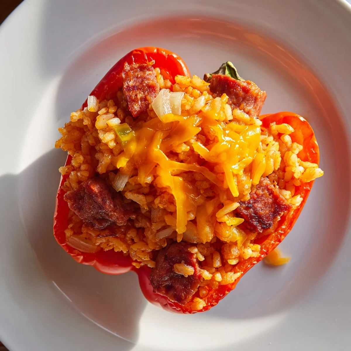 Vibrant roasted bell peppers overflowing with zesty Creole rice, sausage, and vegetables, baked until tender and golden.