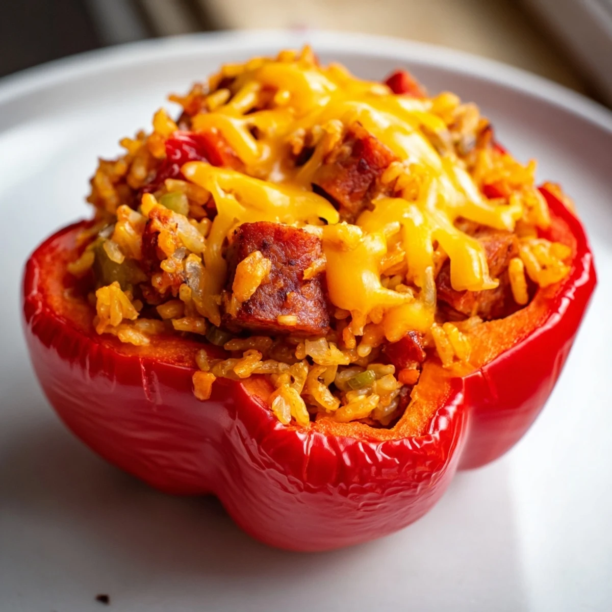 Colorful baked Creole stuffed peppers filled with spiced rice and sausage, perfect for a Southern-style dinner.