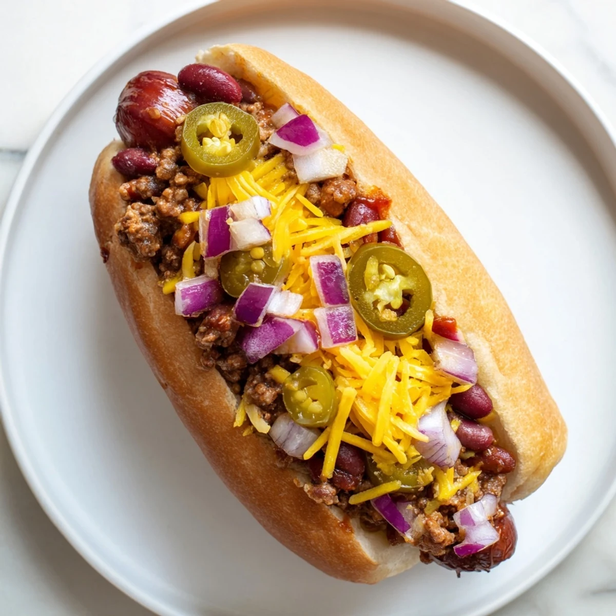 Close-up of a Tailgate Chili Dog Bar with melted cheddar, jalapeños, and mustard on a game day spread.