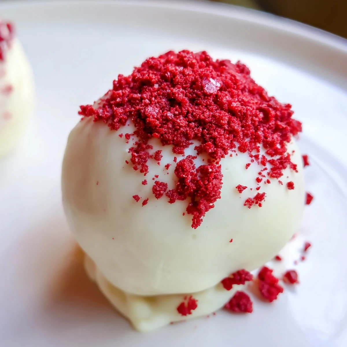 Smooth white chocolate truffles with red velvet crumbs and cream cheese filling on a marble surface, ready for holiday parties.