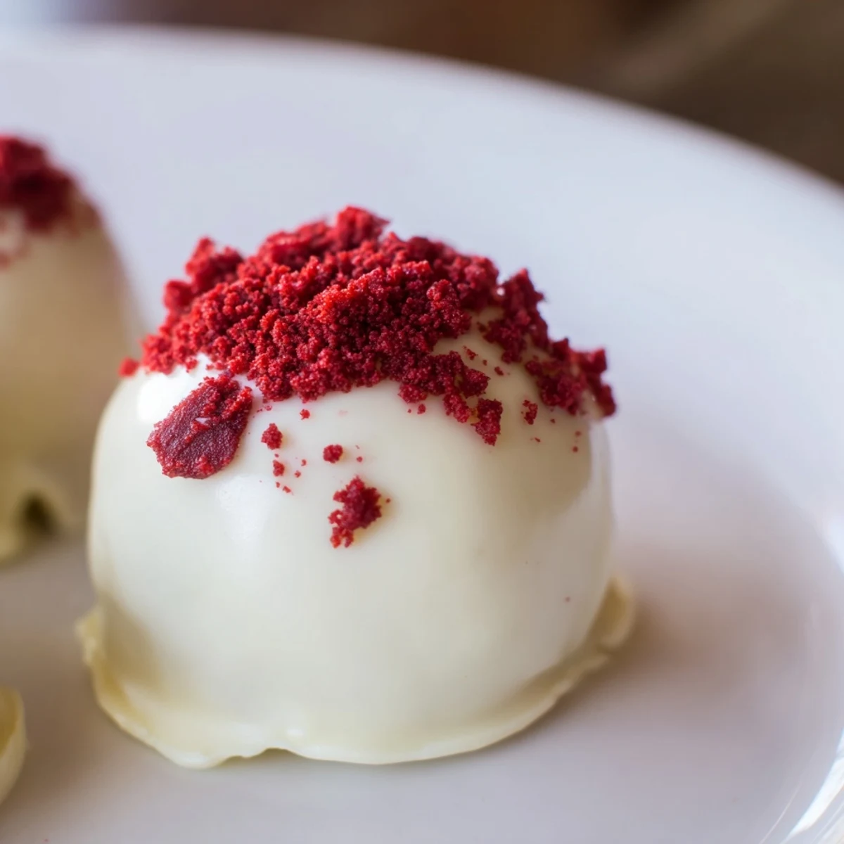 These bite-sized Red Velvet Truffles with Cream Cheese sit on a tray, glistening with a sweet white chocolate coating.