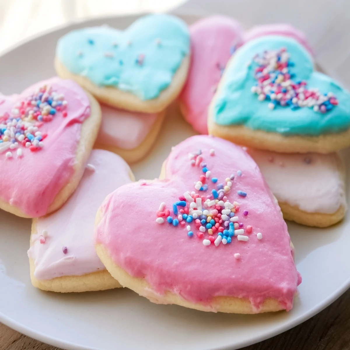 Perfectly tender Heart Shaped Sugar Cookies with Icing on a rustic wooden board.
