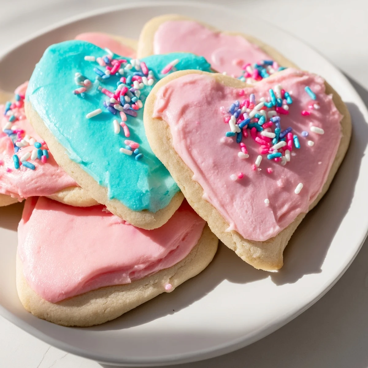Freshly baked Heart Shaped Sugar Cookies with Icing decorated with festive rainbow sprinkles.