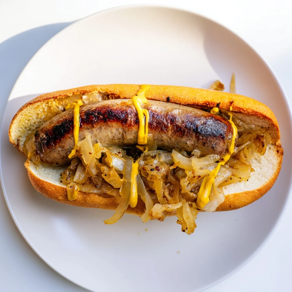 Golden-brown Tailgate Bratwurst with Sauerkraut nestled in a toasted bun, garnished with onions and whole-grain mustard.