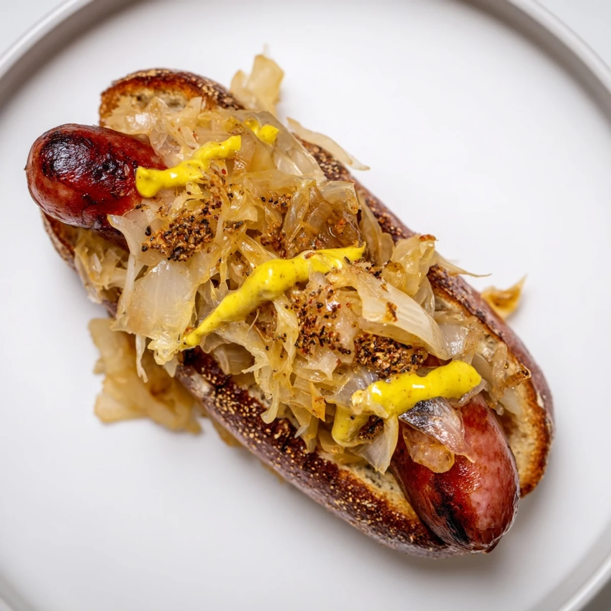Juicy grilled beef bratwursts topped with warm sauerkraut and onions, served on soft buns for game day.
