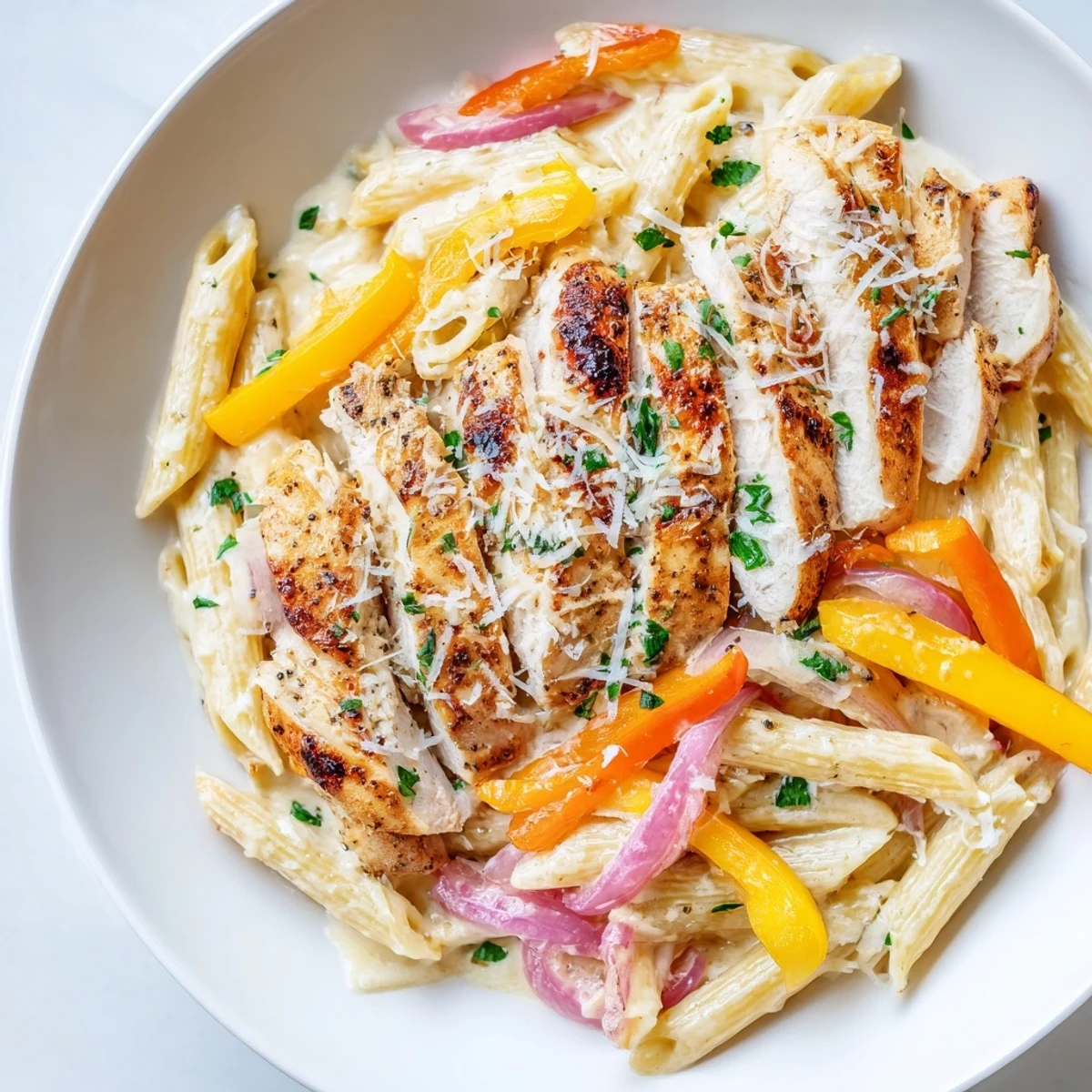 Steaming skillet of Cajun Chicken Alfredo with Peppers, featuring a rich Parmesan sauce and fresh parsley garnish.