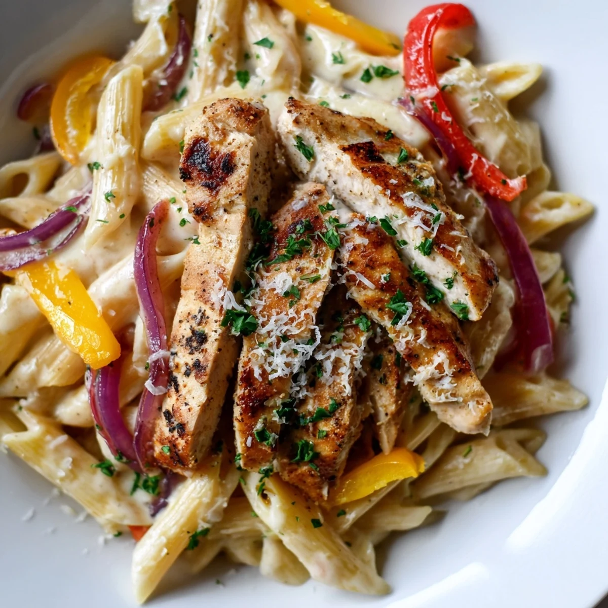 A close-up of creamy Cajun Chicken Alfredo with Peppers, showcasing sliced chicken and vibrant bell peppers on fettuccine.