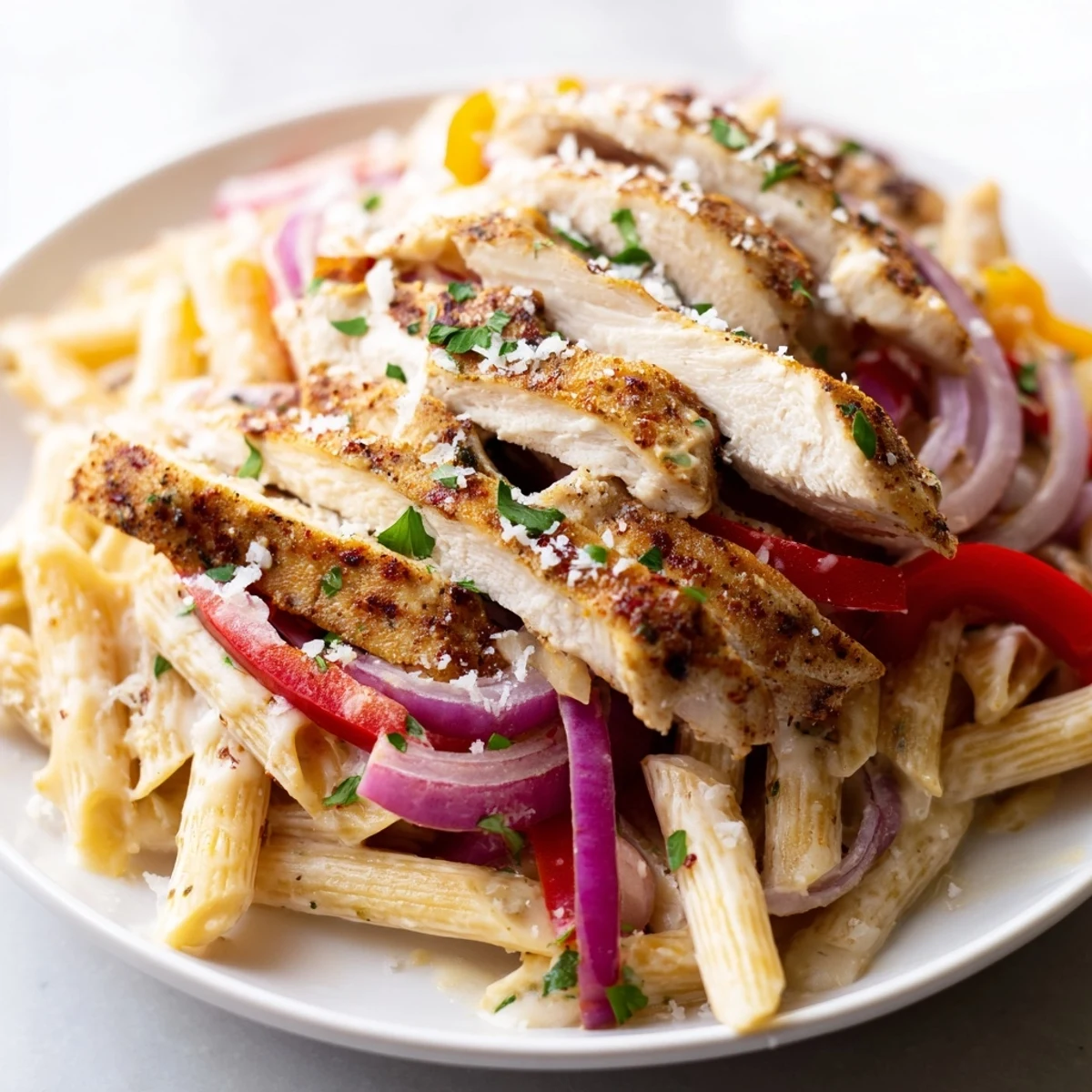 Colorful plated Cajun Chicken Alfredo with Peppers served alongside a crisp salad and crusty bread.