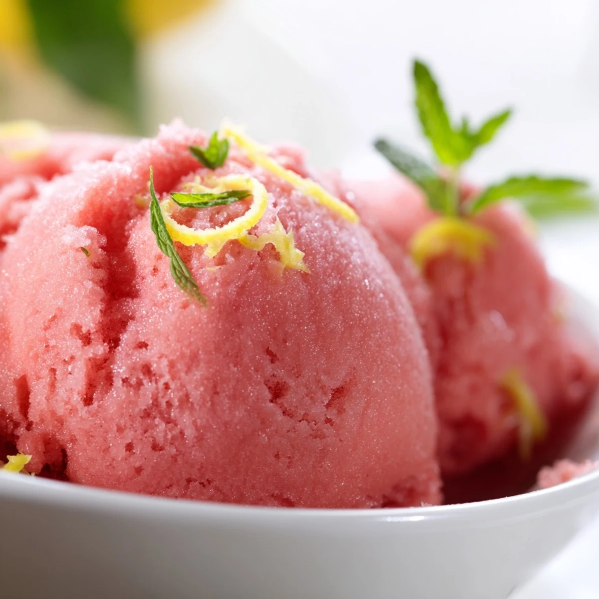 A scoop of vibrant Pink Lemonade Sorbet with Mint glistens in a chilled bowl, garnished with fresh mint leaves.
