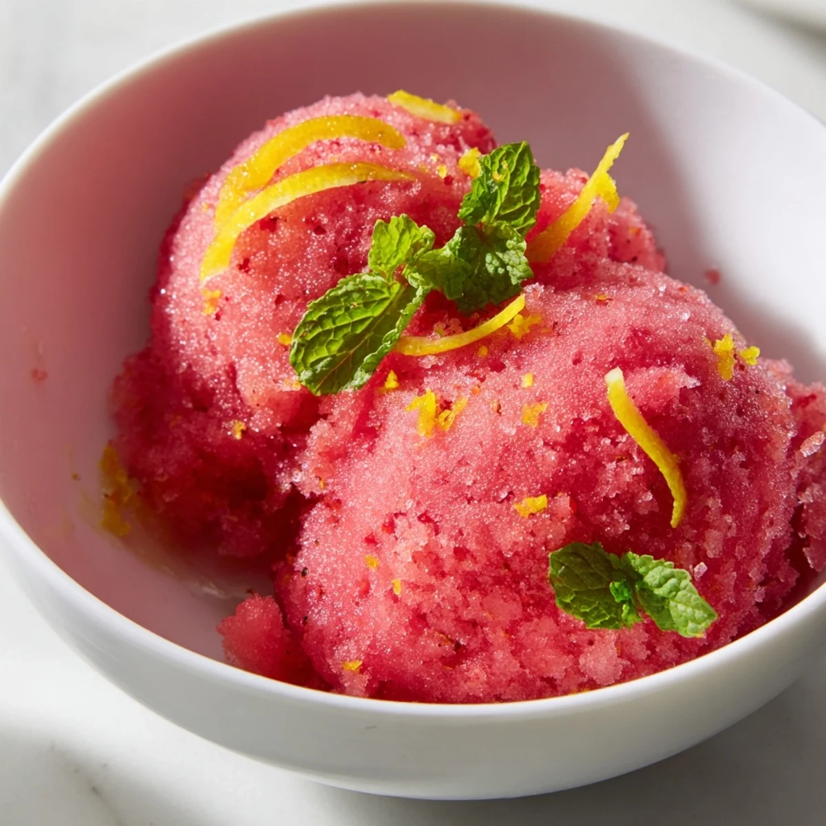 Homemade Pink Lemonade Sorbet with Mint served in a glass dish, garnished with a lemon slice.
