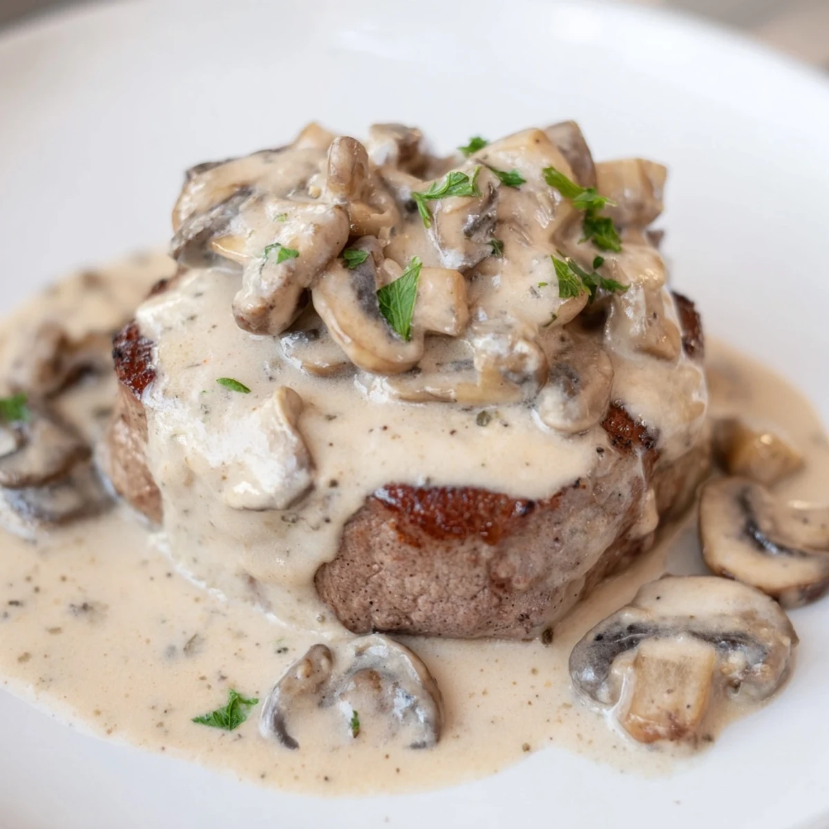 Four juicy tenderloin steaks seared to perfection, generously draped in a creamy, brandy-infused Steak Diane with rich mushrooms.