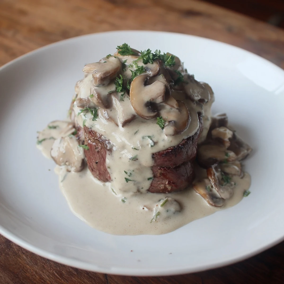 Close-up of Steak Diane, showcasing tender beef medallions topped with a glossy, herb-flecked mushroom sauce on a dinner plate.