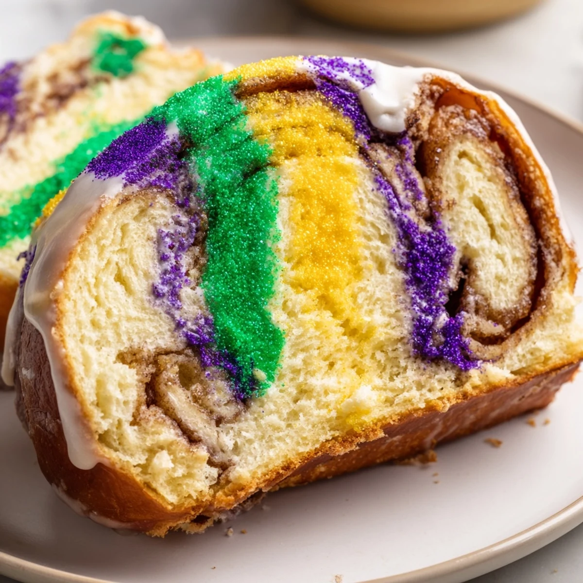 Freshly baked Mardi Gras King Cake with warm cinnamon filling on a wooden board, surrounded by purple, green, and gold sprinkles. 