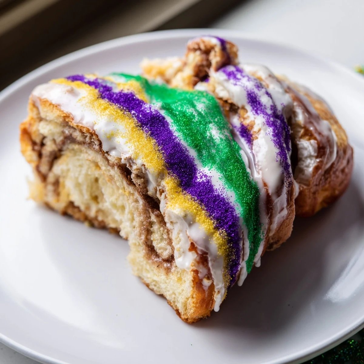 Sliced Mardi Gras King Cake reveals soft cinnamon-swirled brioche and creamy icing, perfect for a festive New Orleans party. 