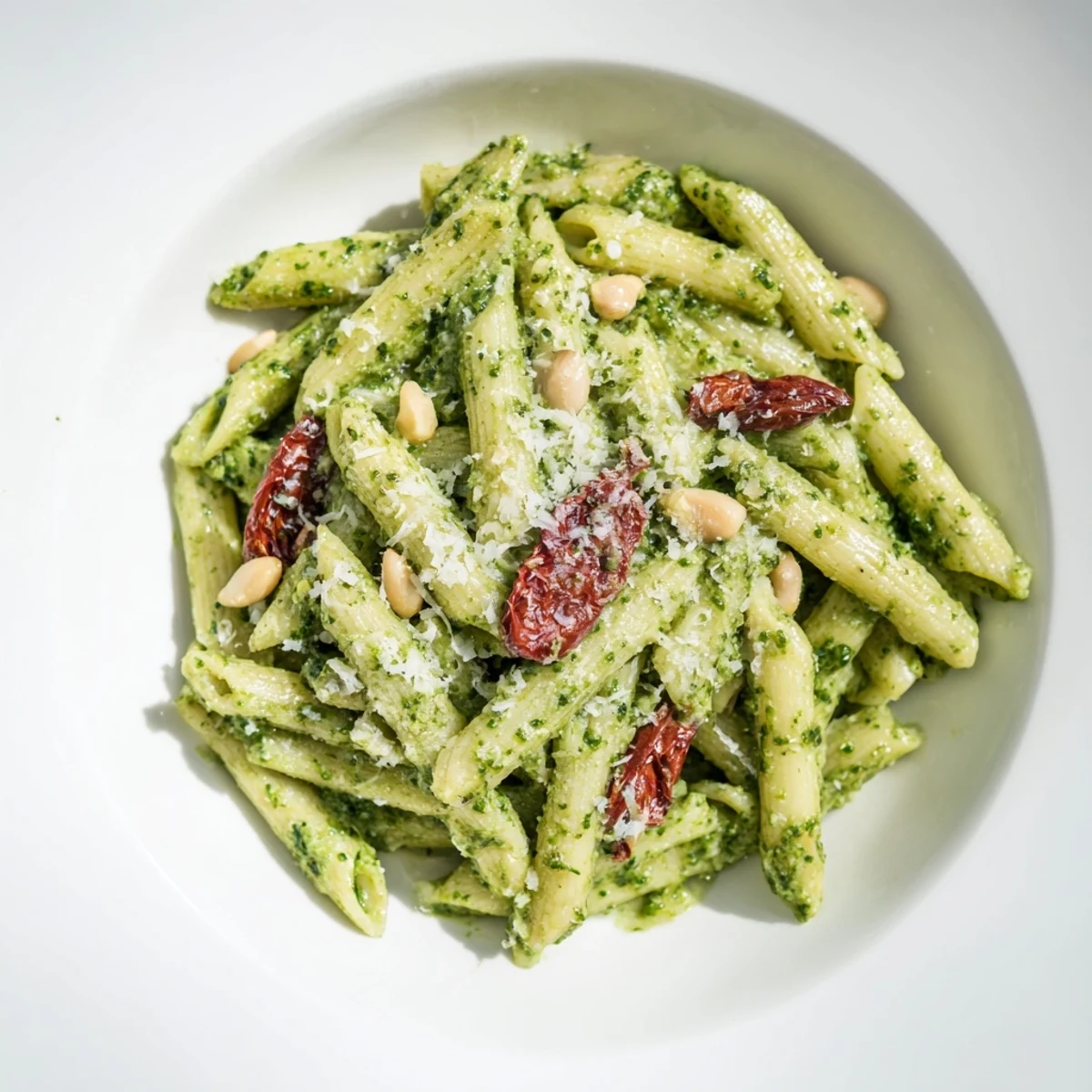 Green Pesto Pasta with Sun-Dried Tomatoes plated in a shallow bowl, garnished with fresh basil and grated Parmesan for a flavorful meal.  