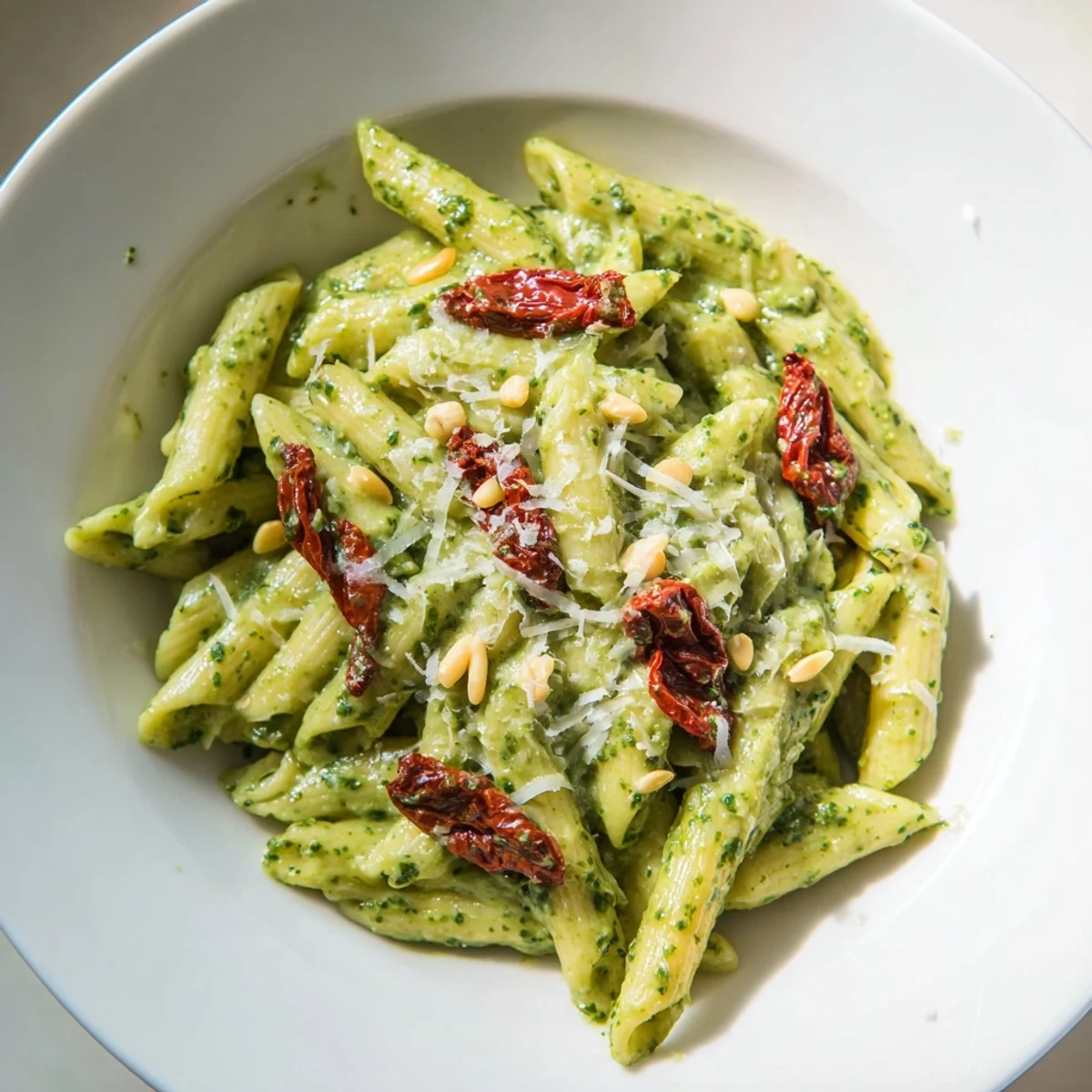 A close-up of Green Pesto Pasta with Sun-Dried Tomatoes, highlighting creamy basil sauce and glossy tomato pieces on a rustic table.  